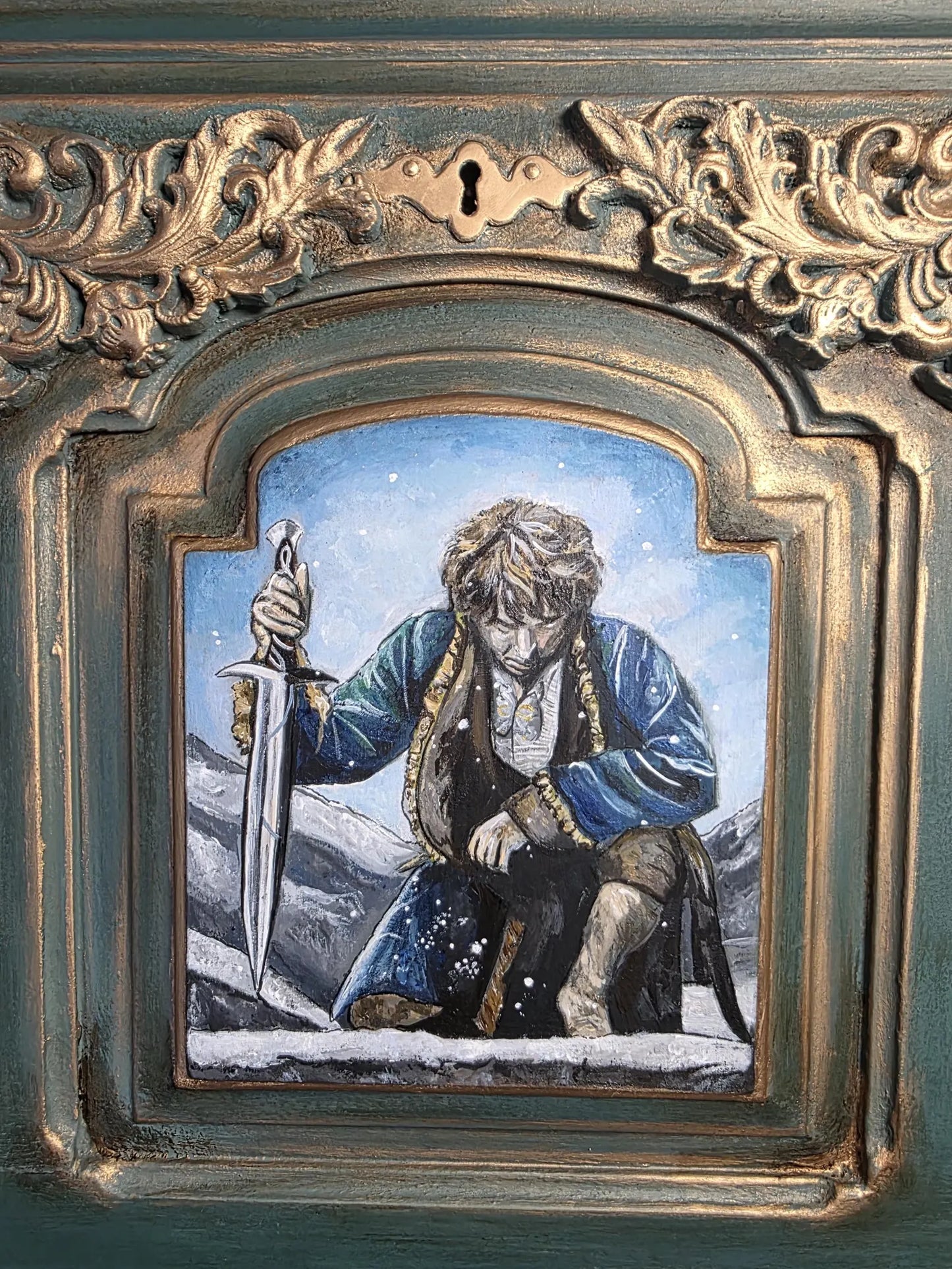 SOLD - Hand‑Painted Lord of the Rings / Hobbit Writing Desk – Carved Fantasy Art Bureau