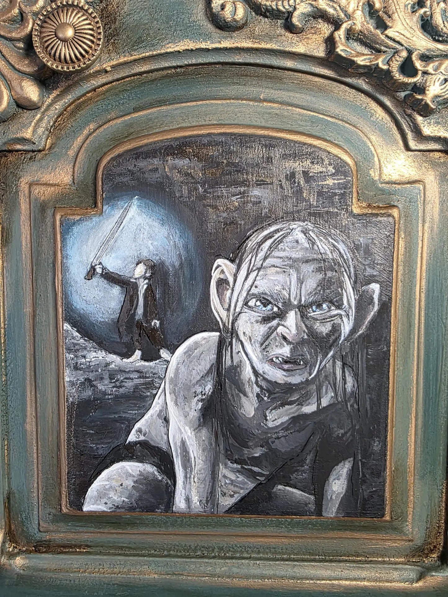 SOLD - Hand‑Painted Lord of the Rings / Hobbit Writing Desk – Carved Fantasy Art Bureau
