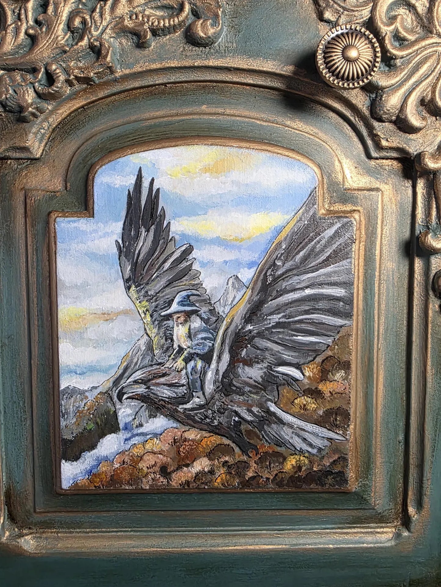 SOLD - Hand‑Painted Lord of the Rings / Hobbit Writing Desk – Carved Fantasy Art Bureau