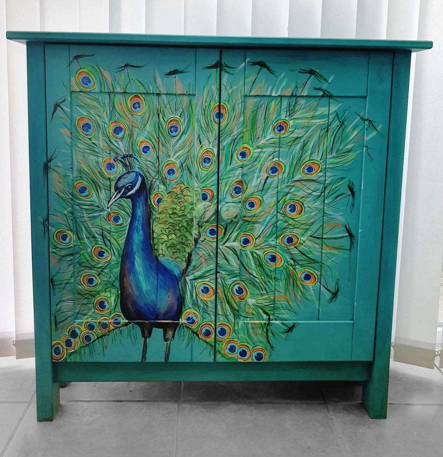 SOLD - Majesty in Feathers - Peacock Cupboard, Hand Painted