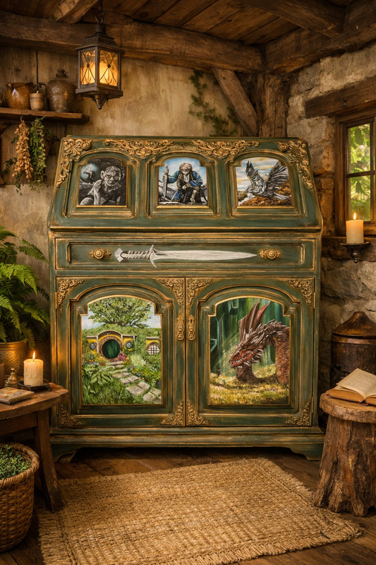 SOLD - Hand‑Painted Lord of the Rings / Hobbit Writing Desk – Carved Fantasy Art Bureau