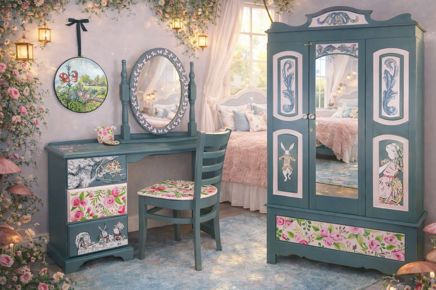 COMMISSION “Alice in Wonderland” – Hand‑Painted Dressing Table with Prima Butterfly Mirror