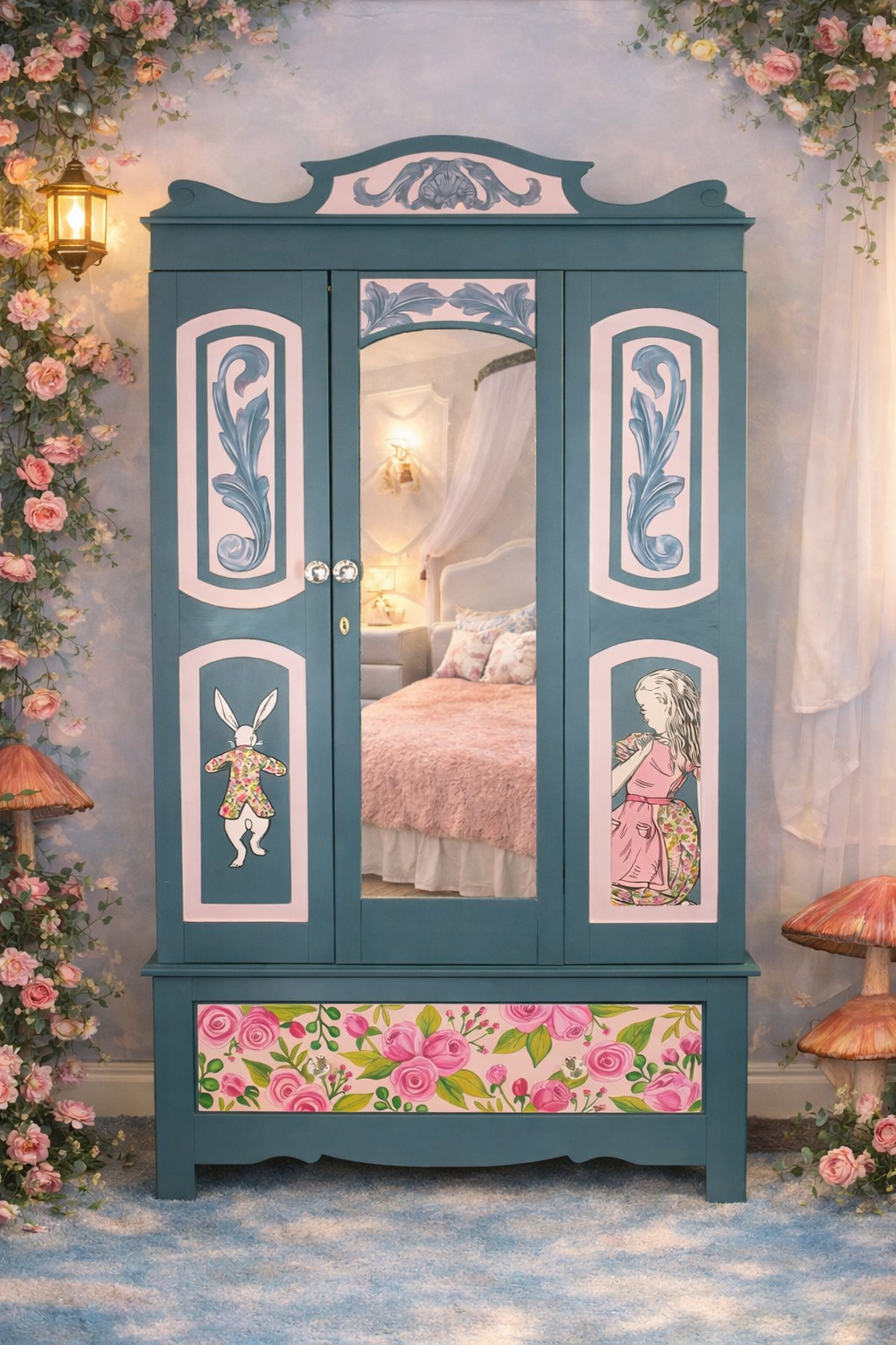 COMMISSION “Alice in Wonderland” – Hand‑Painted Wardrobe with Alice & White Rabbit Artistry