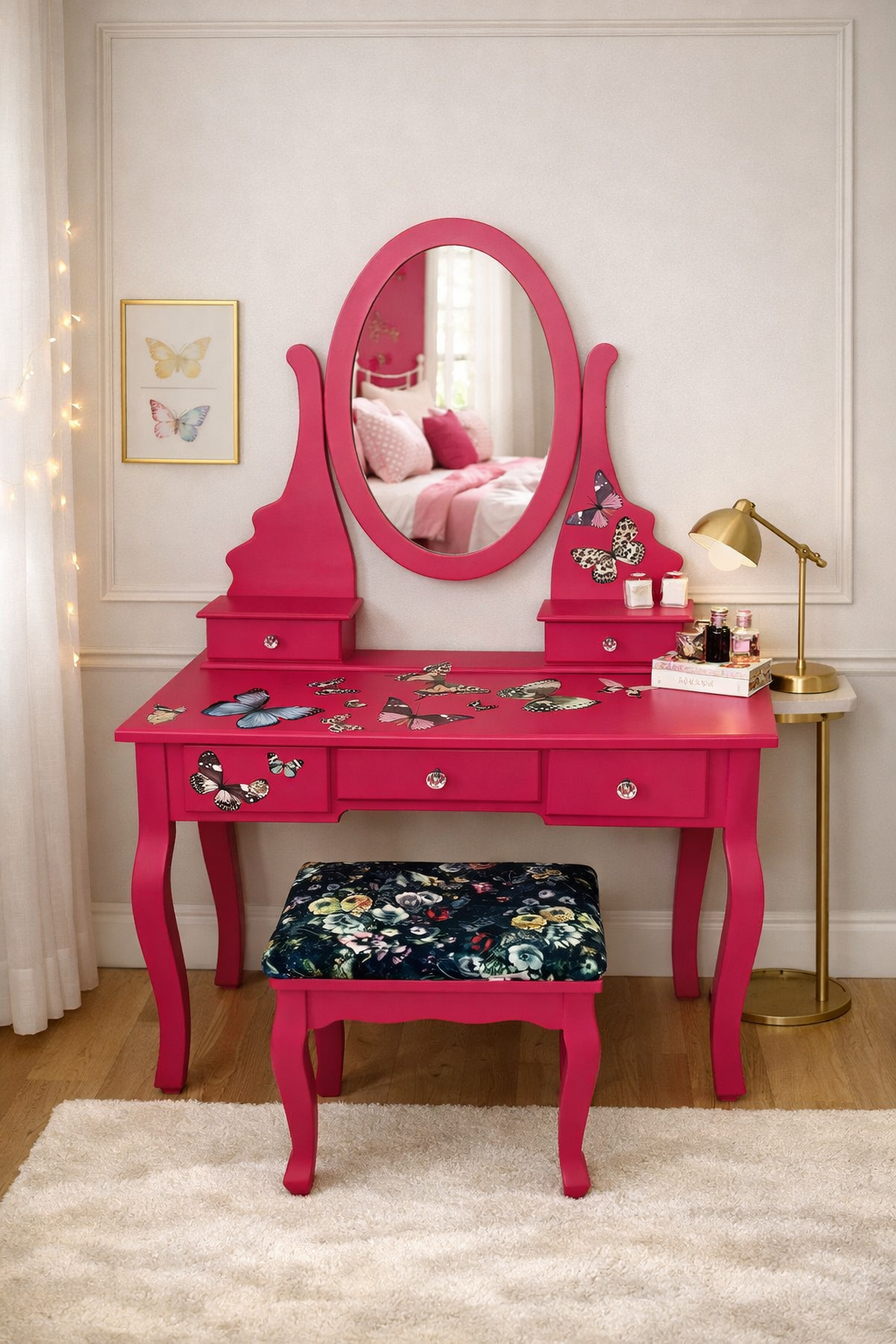 SOLD “Pink Flutterby” – Butterfly Transfer Dressing Table with Upholstered Stool