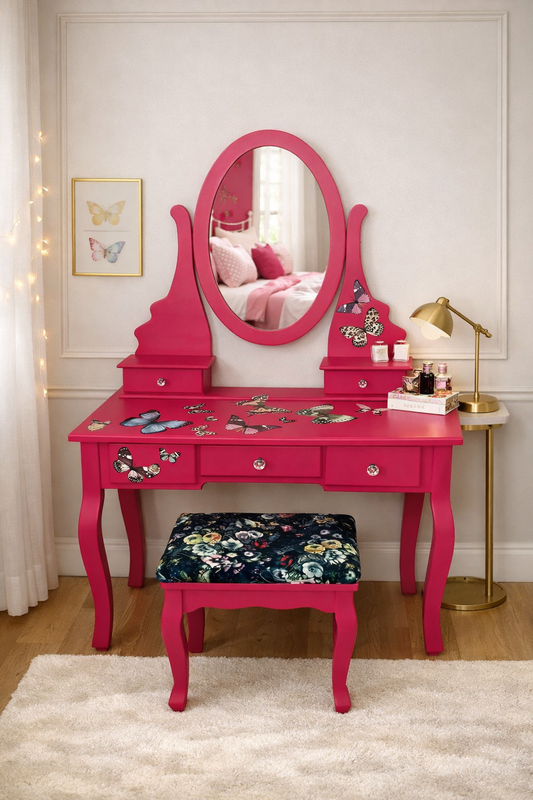 SOLD “Pink Flutterby” – Butterfly Transfer Dressing Table with Upholstered Stool