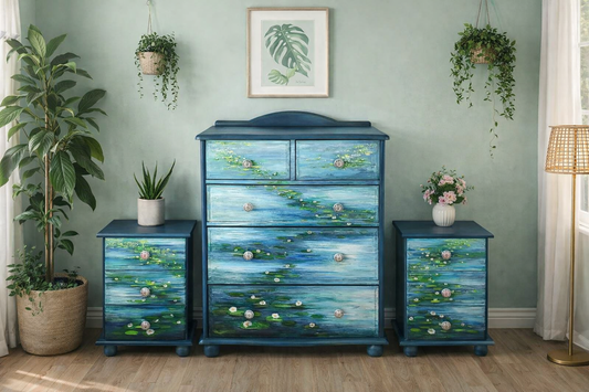 COMMISSION “Waterlilies” – Monet‑Inspired Hand‑Painted Furniture Set