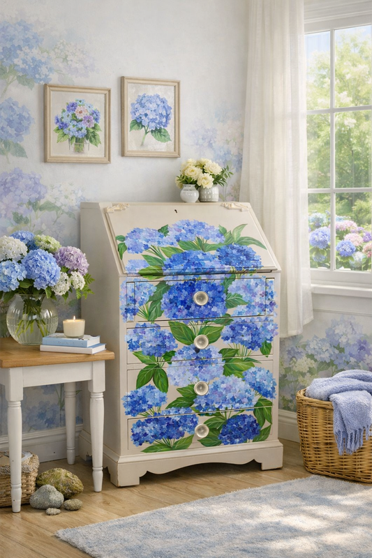 SOLD “Hydrangea” – Hand‑Painted Floral Bureau with WoodUbend Detailing