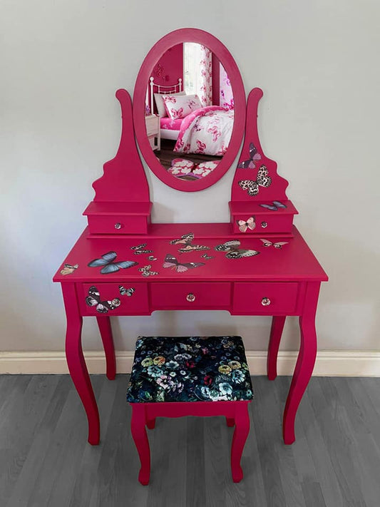SOLD “Pink Flutterby” – Butterfly Transfer Dressing Table with Upholstered Stool