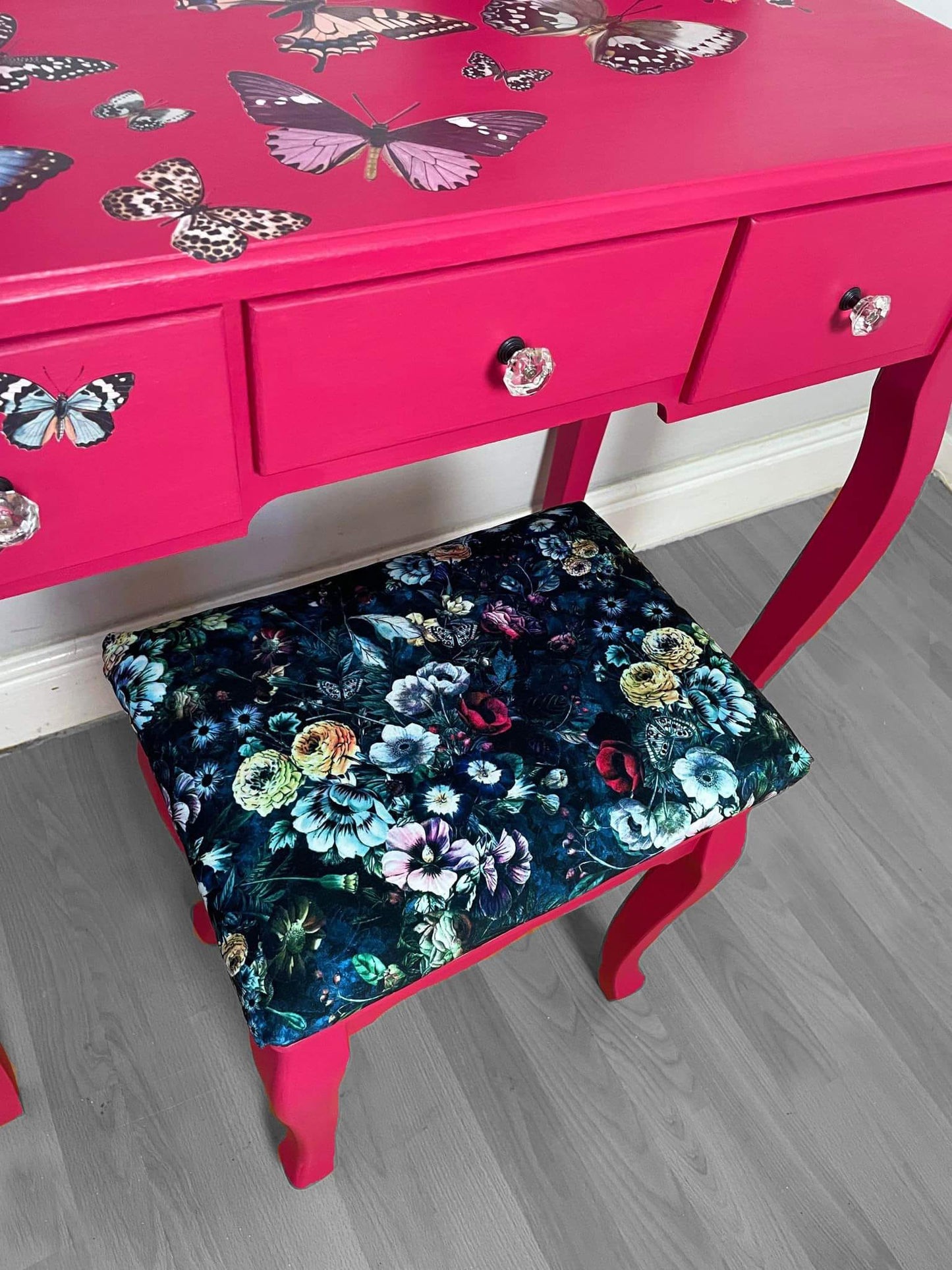 SOLD “Pink Flutterby” – Butterfly Transfer Dressing Table with Upholstered Stool