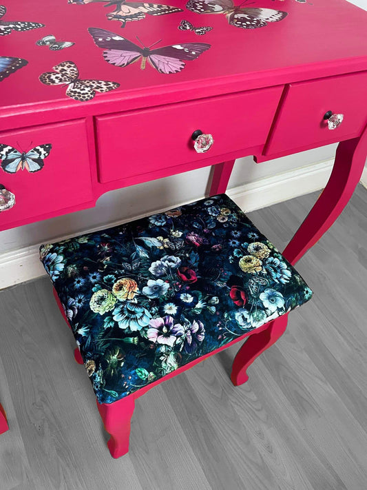 SOLD “Pink Flutterby” – Butterfly Transfer Dressing Table with Upholstered Stool