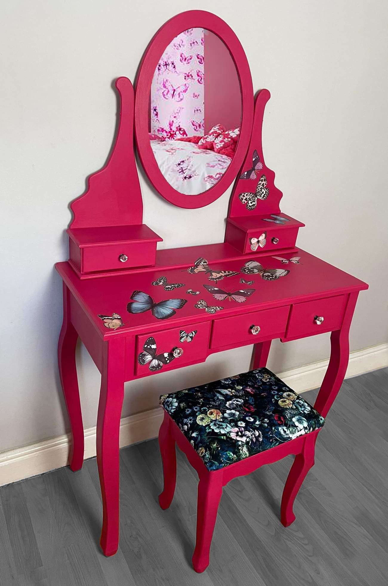 SOLD “Pink Flutterby” – Butterfly Transfer Dressing Table with Upholstered Stool
