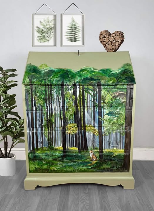 SOLD "Into the Woods" - Woodland Fox – Hand‑Painted Olive Green Bureau