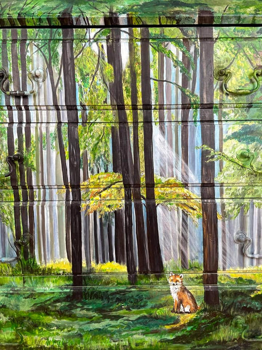 SOLD "Into the Woods" - Woodland Fox – Hand‑Painted Olive Green Bureau