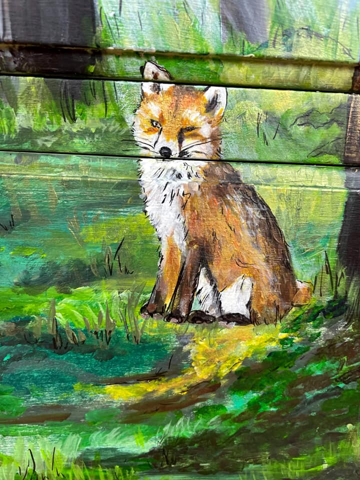 SOLD "Into the Woods" - Woodland Fox – Hand‑Painted Olive Green Bureau