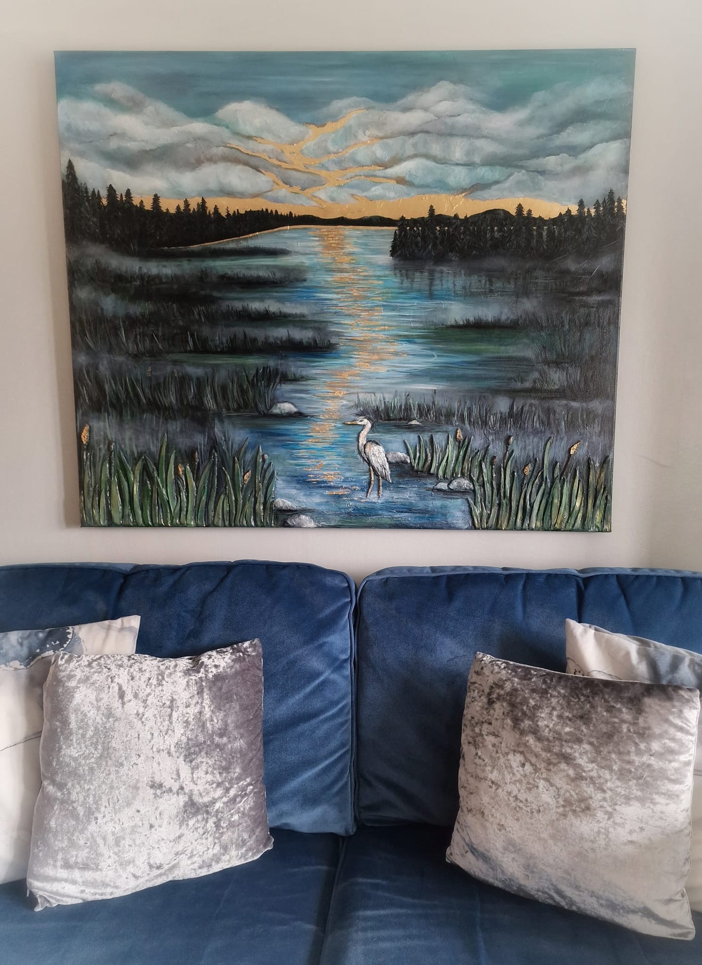 SOLD “New Beginnings” | Textured Heron Oil Painting | 3D Clay Relief & Gold Leaf
