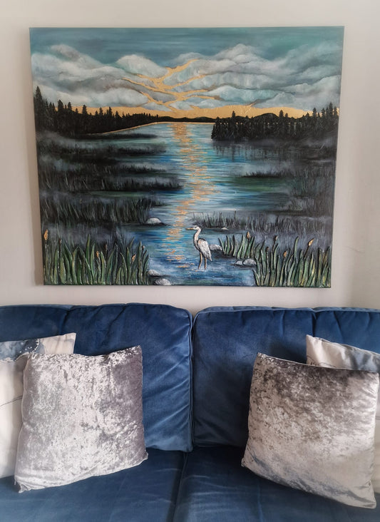 SOLD “New Beginnings” | Textured Heron Oil Painting | 3D Clay Relief & Gold Leaf