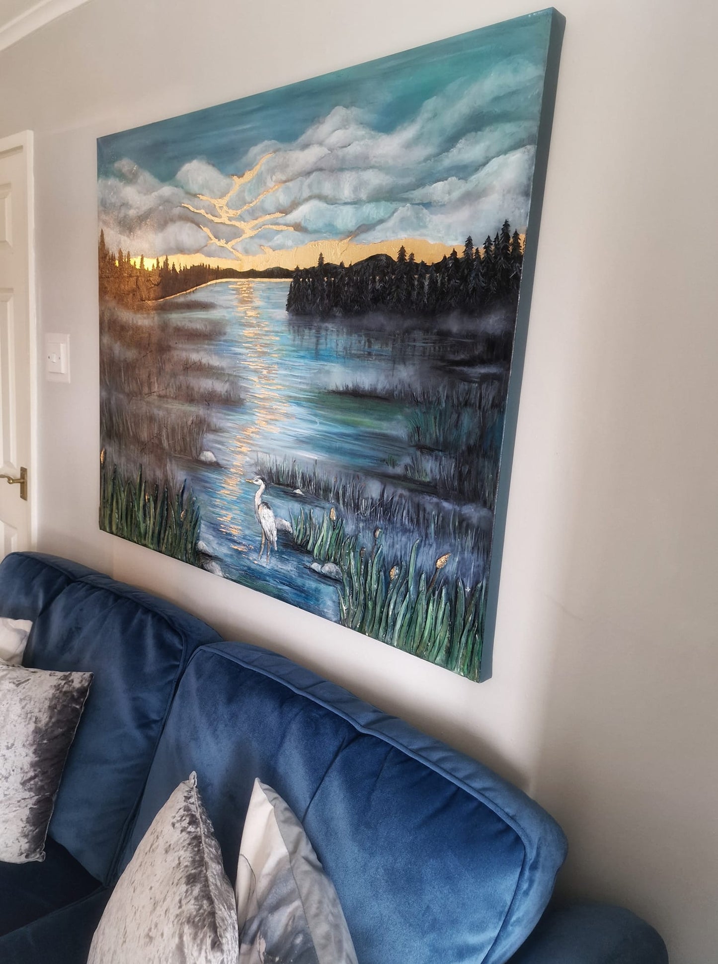 SOLD “New Beginnings” | Textured Heron Oil Painting | 3D Clay Relief & Gold Leaf