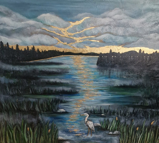 SOLD “New Beginnings” | Textured Heron Oil Painting | 3D Clay Relief & Gold Leaf