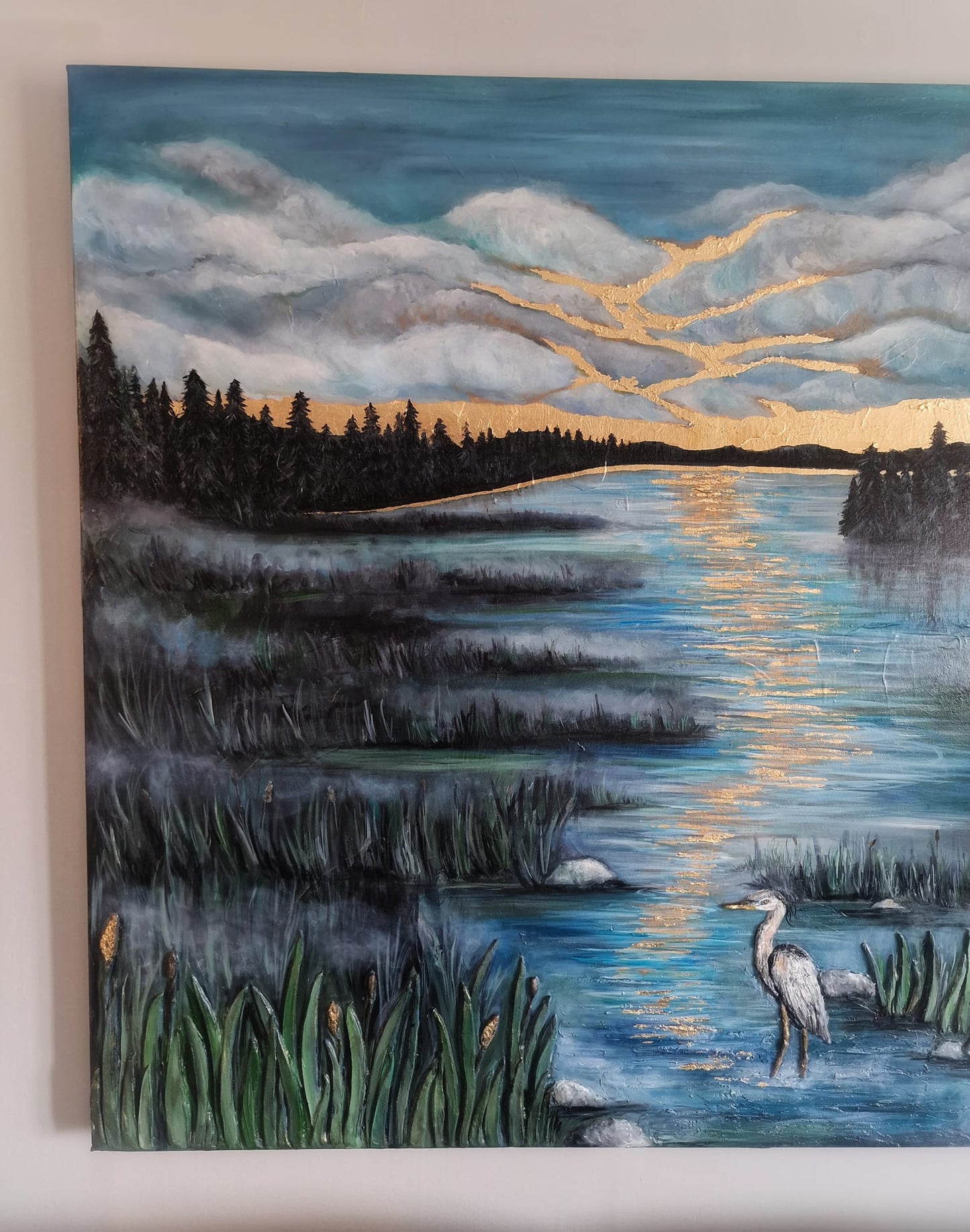 SOLD “New Beginnings” | Textured Heron Oil Painting | 3D Clay Relief & Gold Leaf