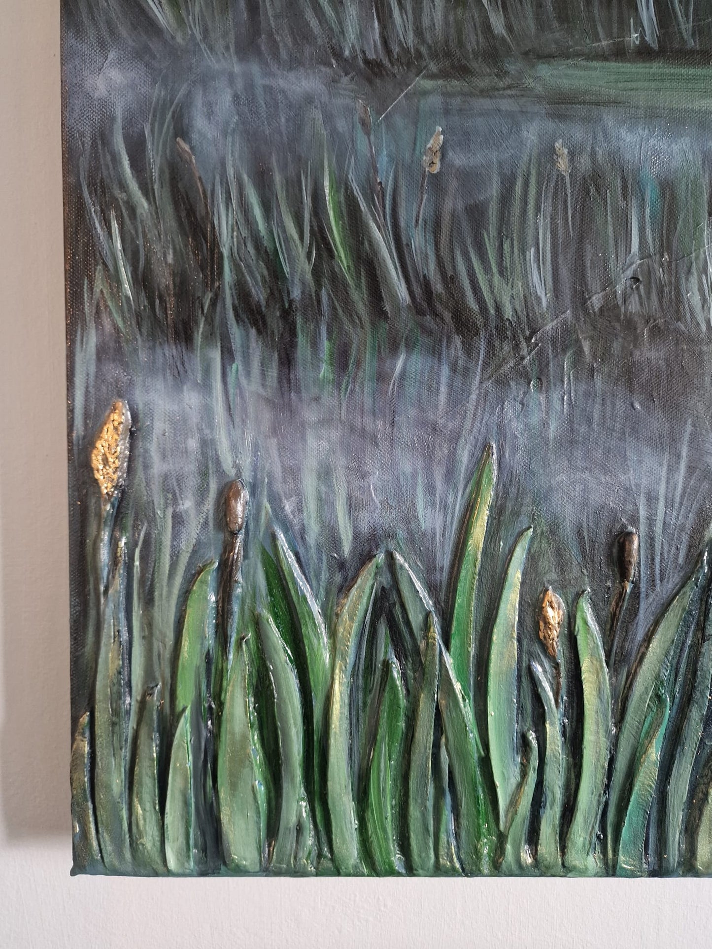 SOLD “New Beginnings” | Textured Heron Oil Painting | 3D Clay Relief & Gold Leaf