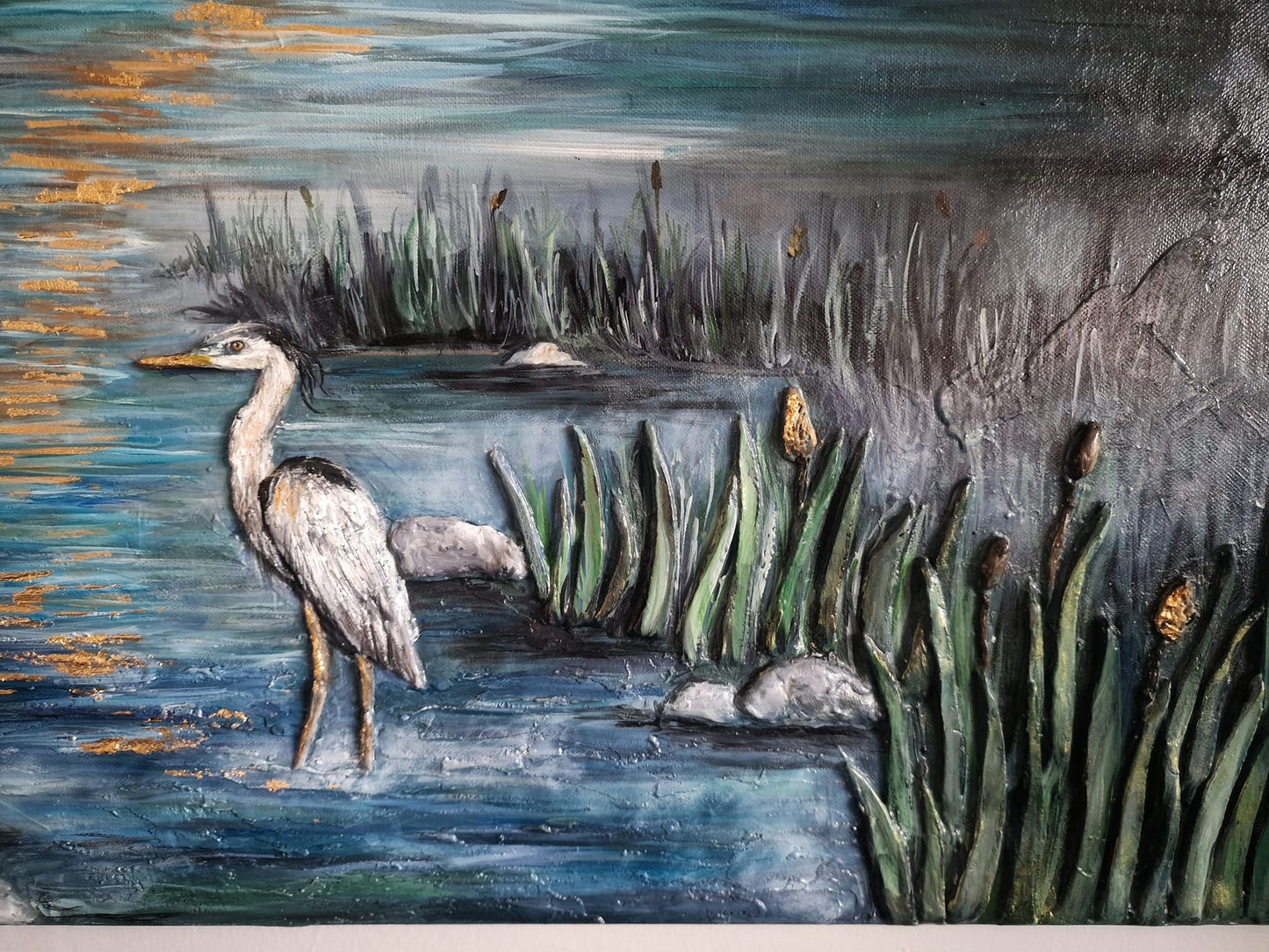 SOLD “New Beginnings” | Textured Heron Oil Painting | 3D Clay Relief & Gold Leaf