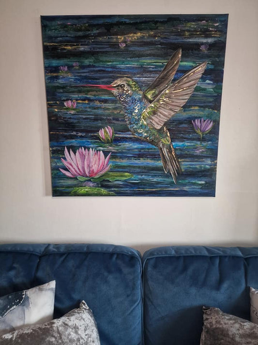 SOLD - “Hummingbird Amongst the Waterlilies” – Original Textured Acrylic & Gold Leaf Artwork
