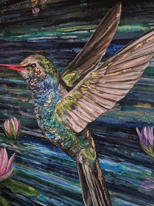 SOLD - “Hummingbird Amongst the Waterlilies” – Original Textured Acrylic & Gold Leaf Artwork