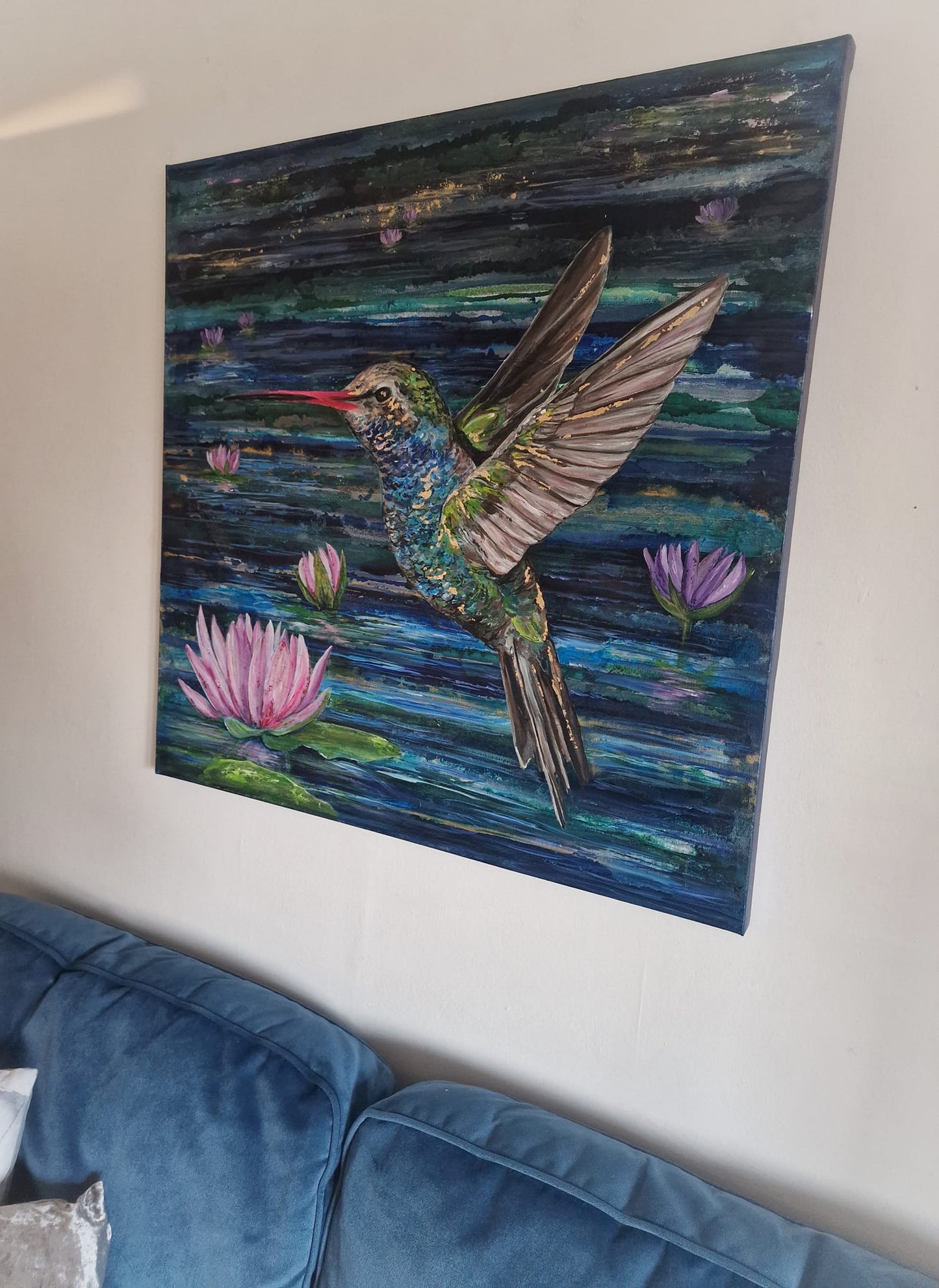 SOLD - “Hummingbird Amongst the Waterlilies” – Original Textured Acrylic & Gold Leaf Artwork