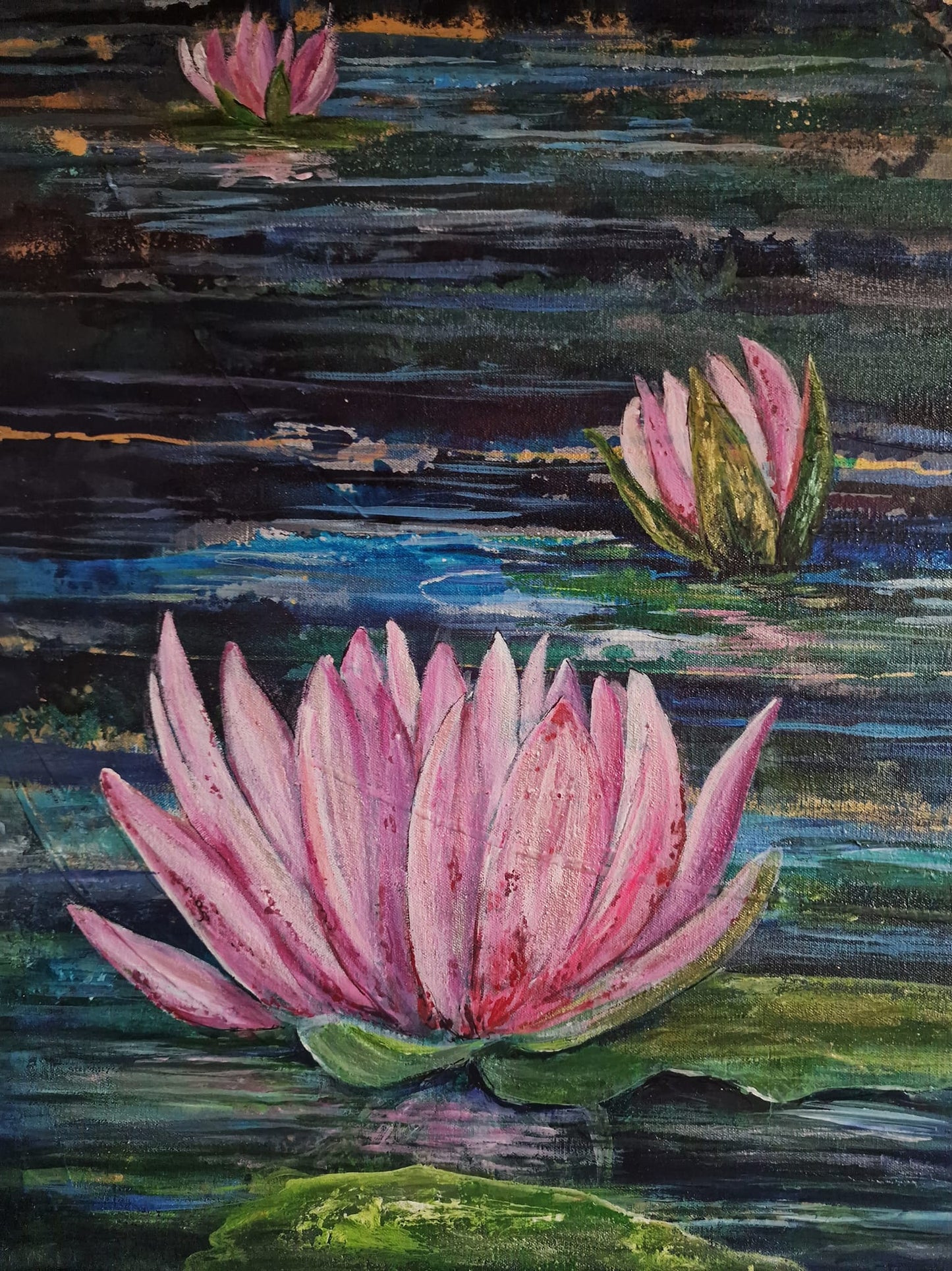 SOLD - “Hummingbird Amongst the Waterlilies” – Original Textured Acrylic & Gold Leaf Artwork