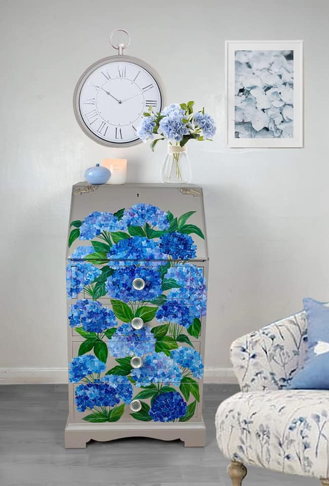 SOLD “Hydrangea” – Hand‑Painted Floral Bureau with WoodUbend Detailing