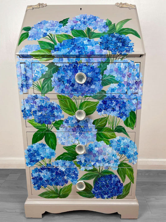 SOLD “Hydrangea” – Hand‑Painted Floral Bureau with WoodUbend Detailing