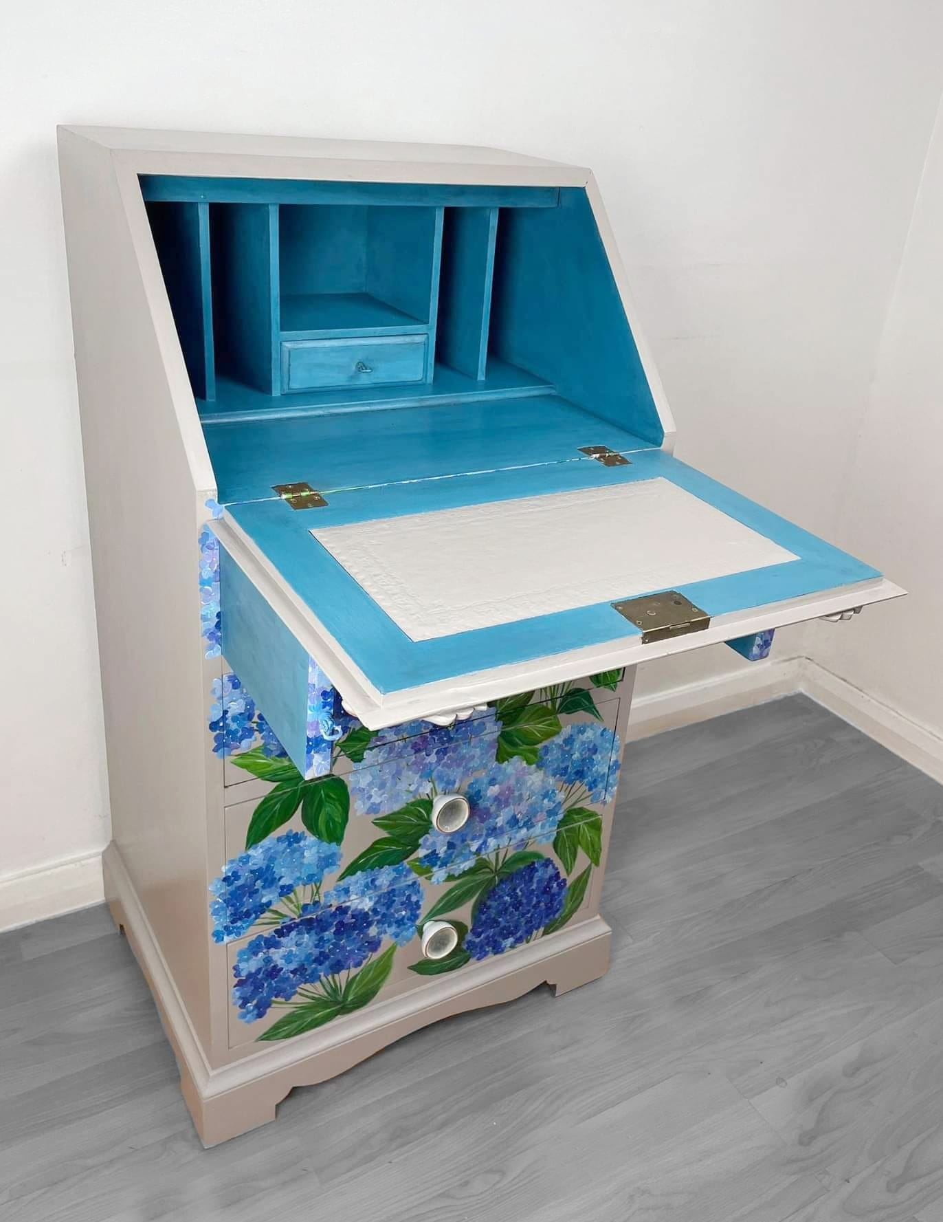 SOLD “Hydrangea” – Hand‑Painted Floral Bureau with WoodUbend Detailing