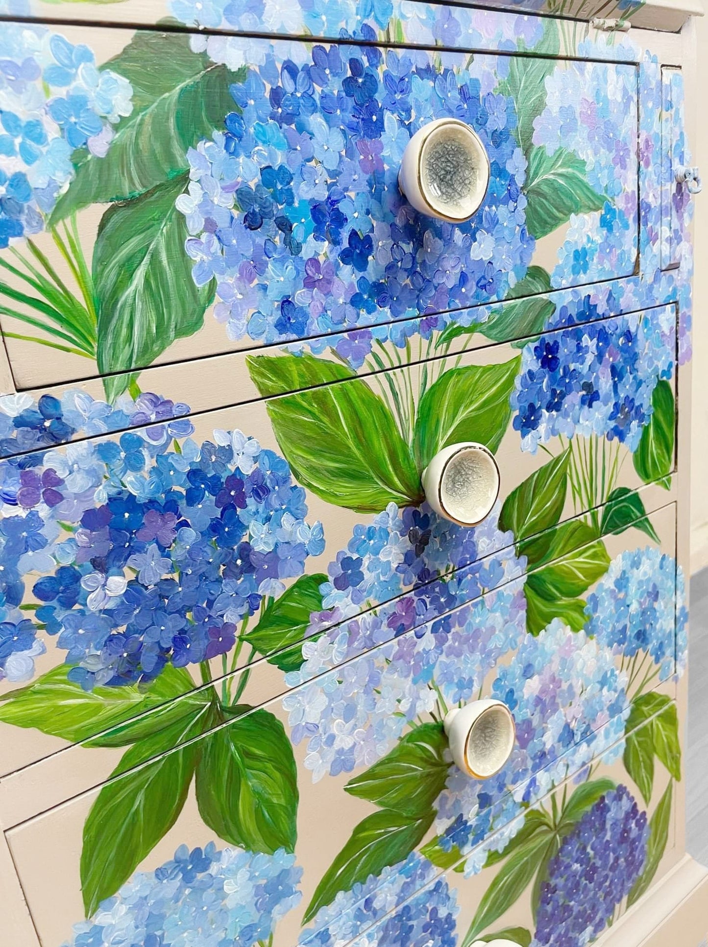 SOLD “Hydrangea” – Hand‑Painted Floral Bureau with WoodUbend Detailing