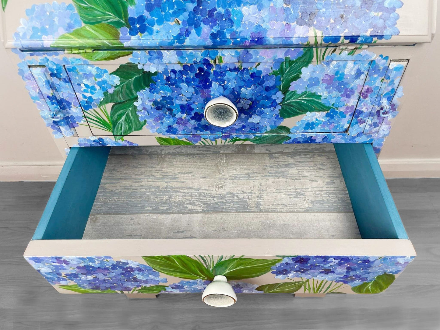 SOLD “Hydrangea” – Hand‑Painted Floral Bureau with WoodUbend Detailing