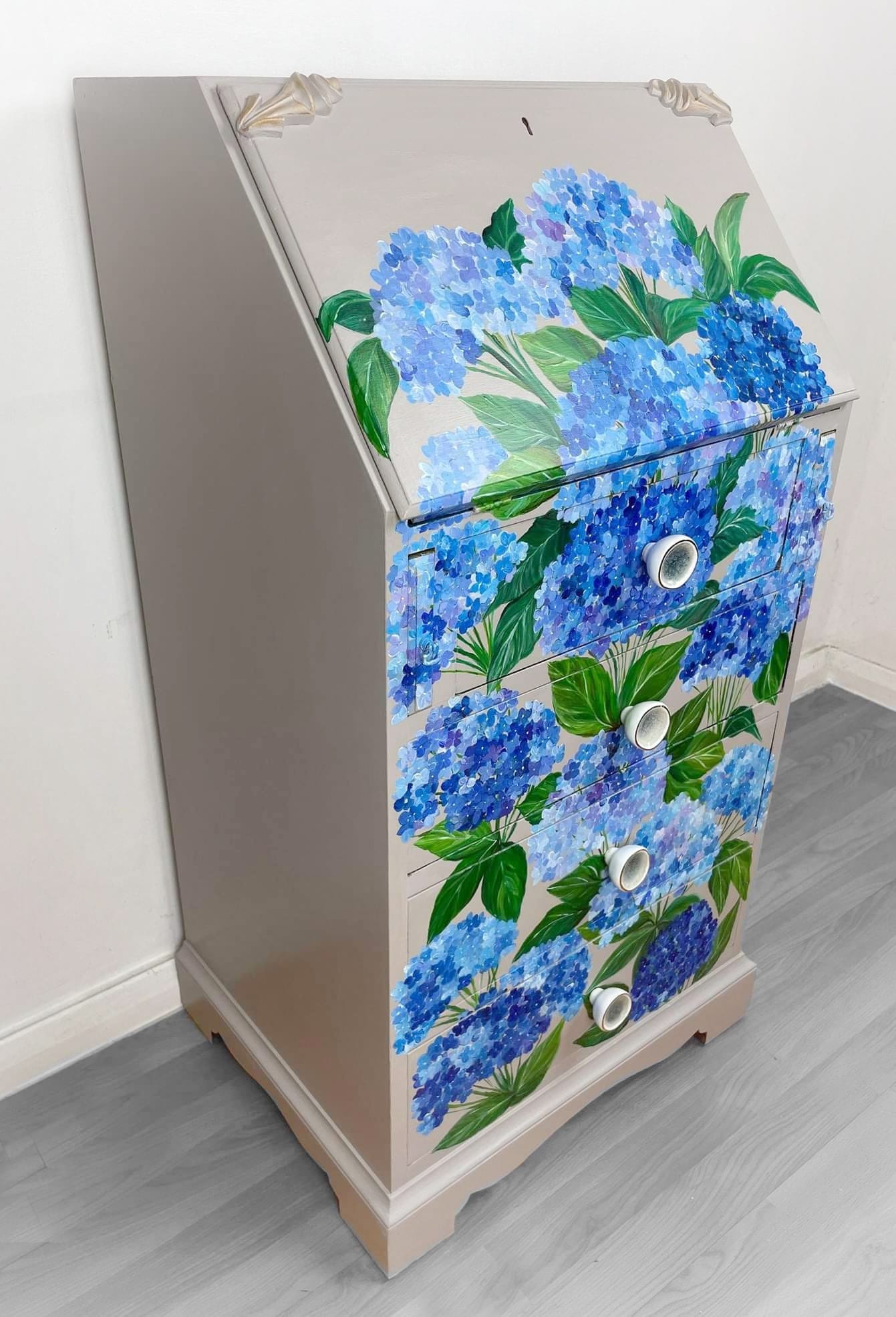SOLD “Hydrangea” – Hand‑Painted Floral Bureau with WoodUbend Detailing
