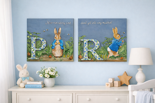 SOLD Peter Rabbit ,Mischief, Set of Two Paintings