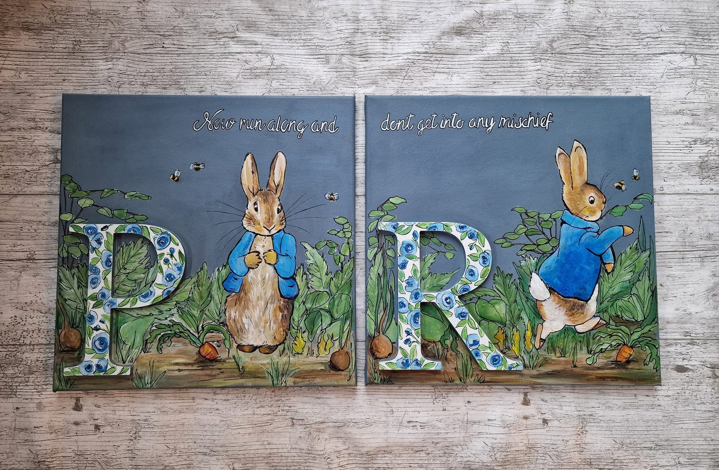 SOLD Peter Rabbit ,Mischief, Set of Two Paintings