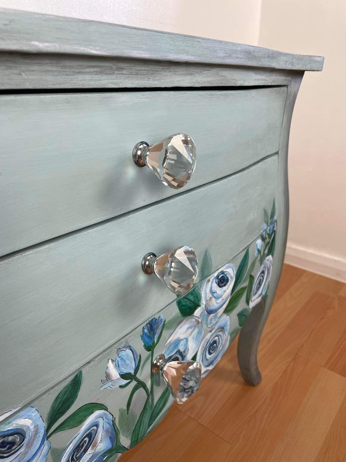 SOLD Blue Rose Bombe Chest — A Vintage‑Modern Transformation with Crystal Elegance
