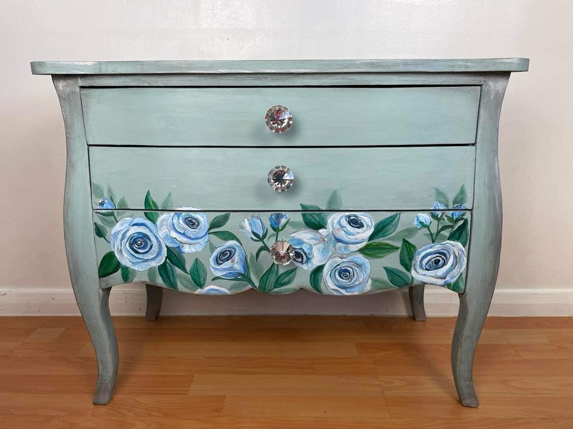 SOLD Blue Rose Bombe Chest — A Vintage‑Modern Transformation with Crystal Elegance