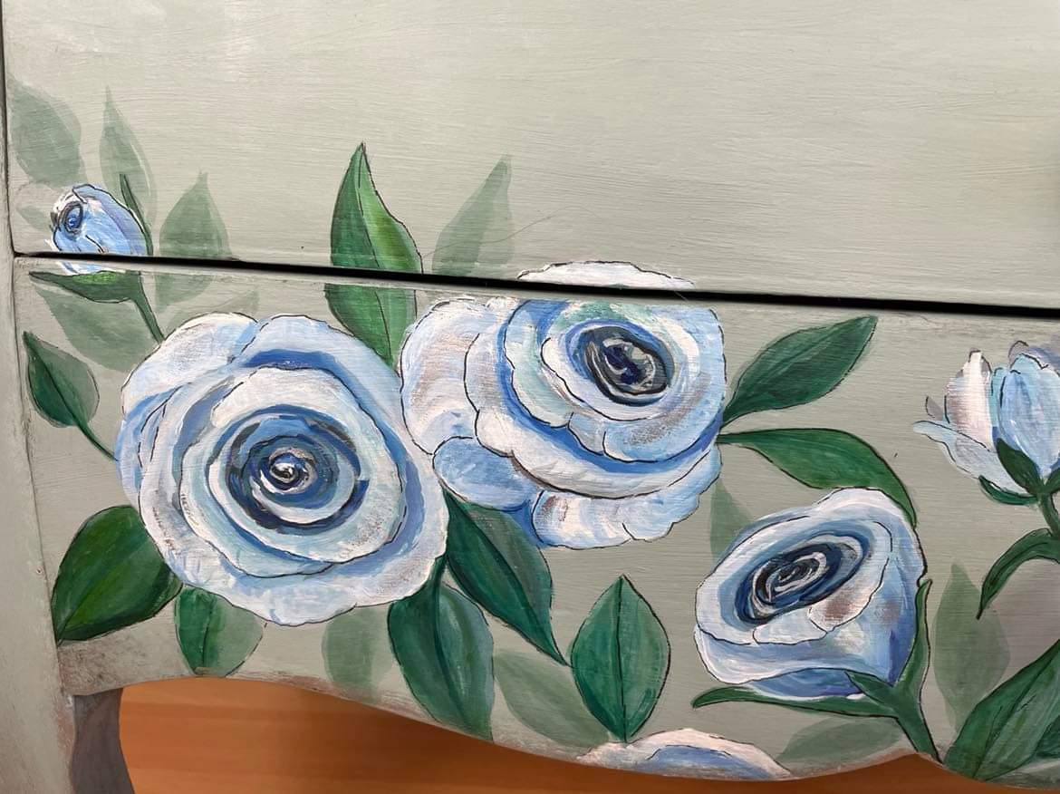SOLD Blue Rose Bombe Chest — A Vintage‑Modern Transformation with Crystal Elegance
