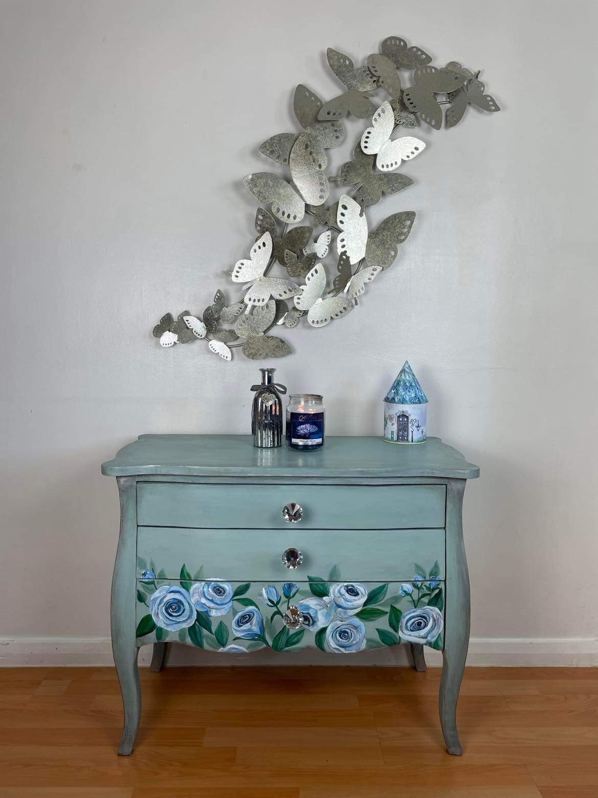 SOLD Blue Rose Bombe Chest — A Vintage‑Modern Transformation with Crystal Elegance