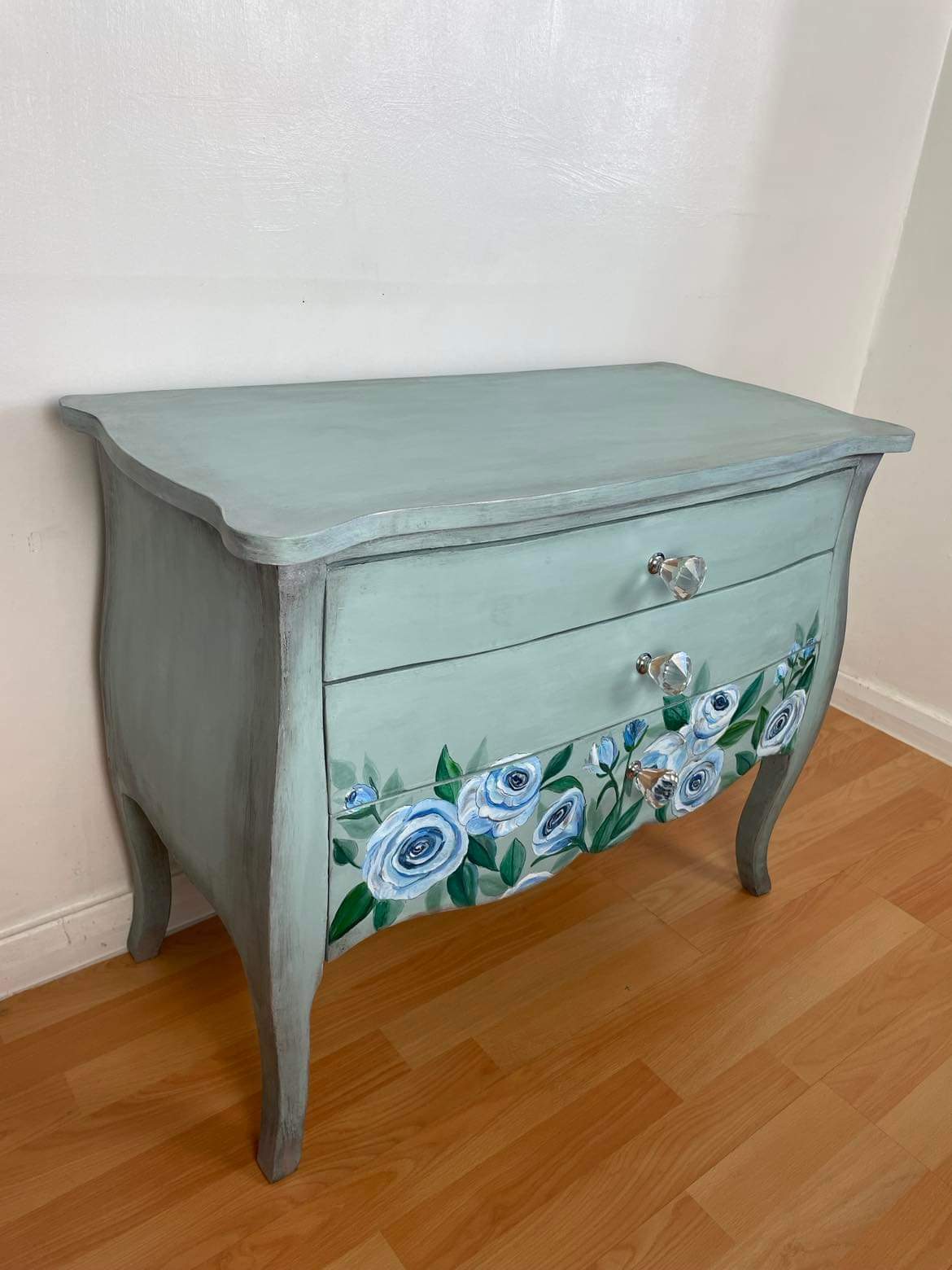 SOLD Blue Rose Bombe Chest — A Vintage‑Modern Transformation with Crystal Elegance