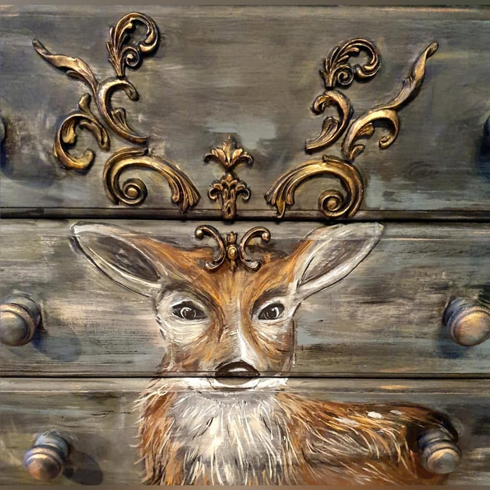 SOLD Woodland Stag — A Hand‑Painted, Earth‑Toned Drawers with 3D Antlers