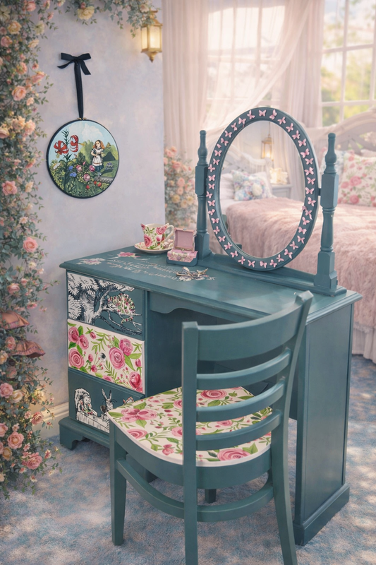 COMMISSION “Alice in Wonderland” – Hand‑Painted Dressing Table with Prima Butterfly Mirror