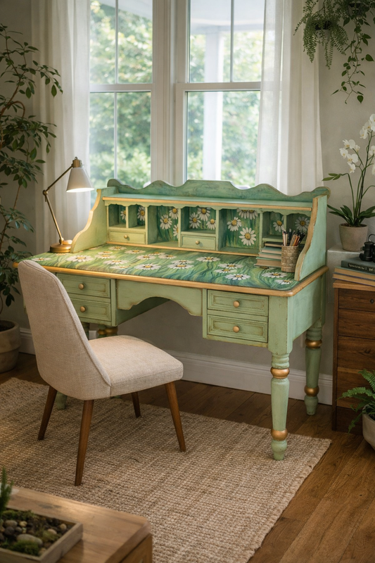 SOLD - Hand‑Painted Daisy Desk | Upcycled Floral Furniture | Cottagecore Desk
