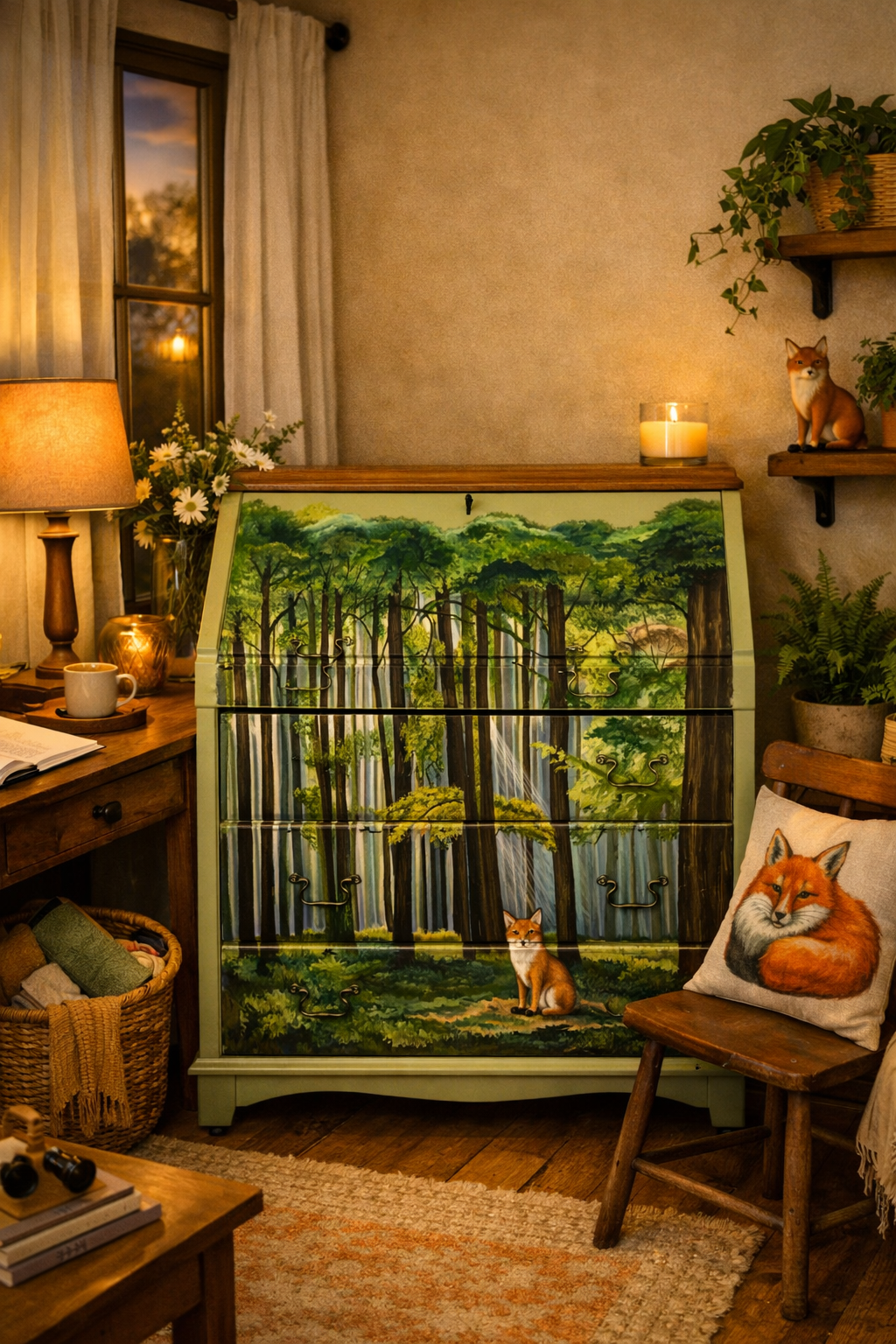 SOLD "Into the Woods" - Woodland Fox – Hand‑Painted Olive Green Bureau