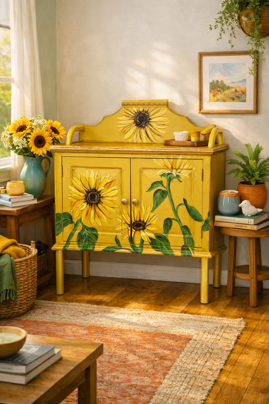 SOLD “Miss Minton” – Hand‑Painted Sunflower Cupboard Inspired by Van Gogh