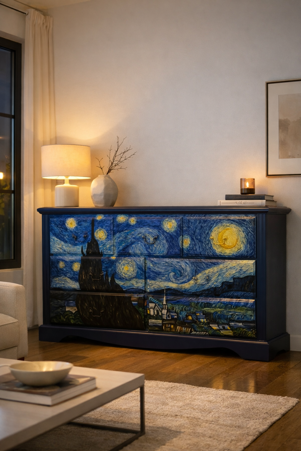 SOLD- Starry Night Sideboard, Handpainted