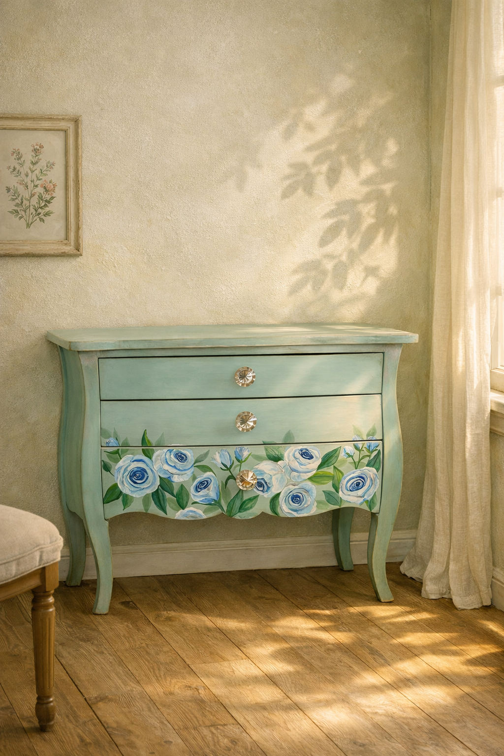SOLD Blue Rose Bombe Chest — A Vintage‑Modern Transformation with Crystal Elegance