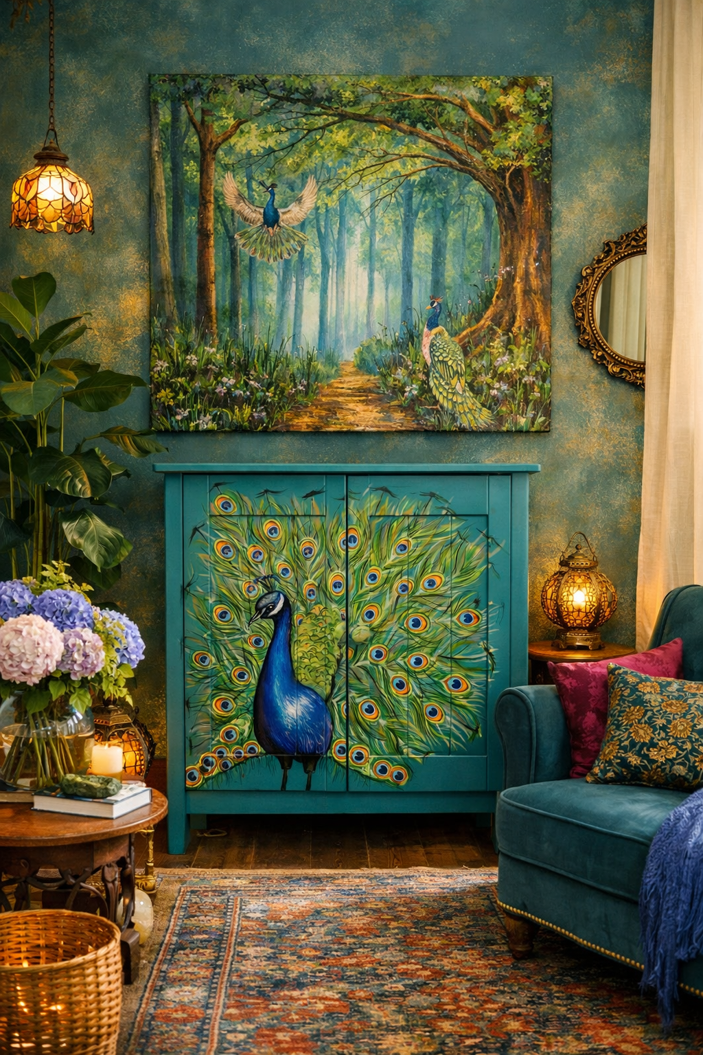 SOLD - Majesty in Feathers - Peacock Cupboard, Hand Painted